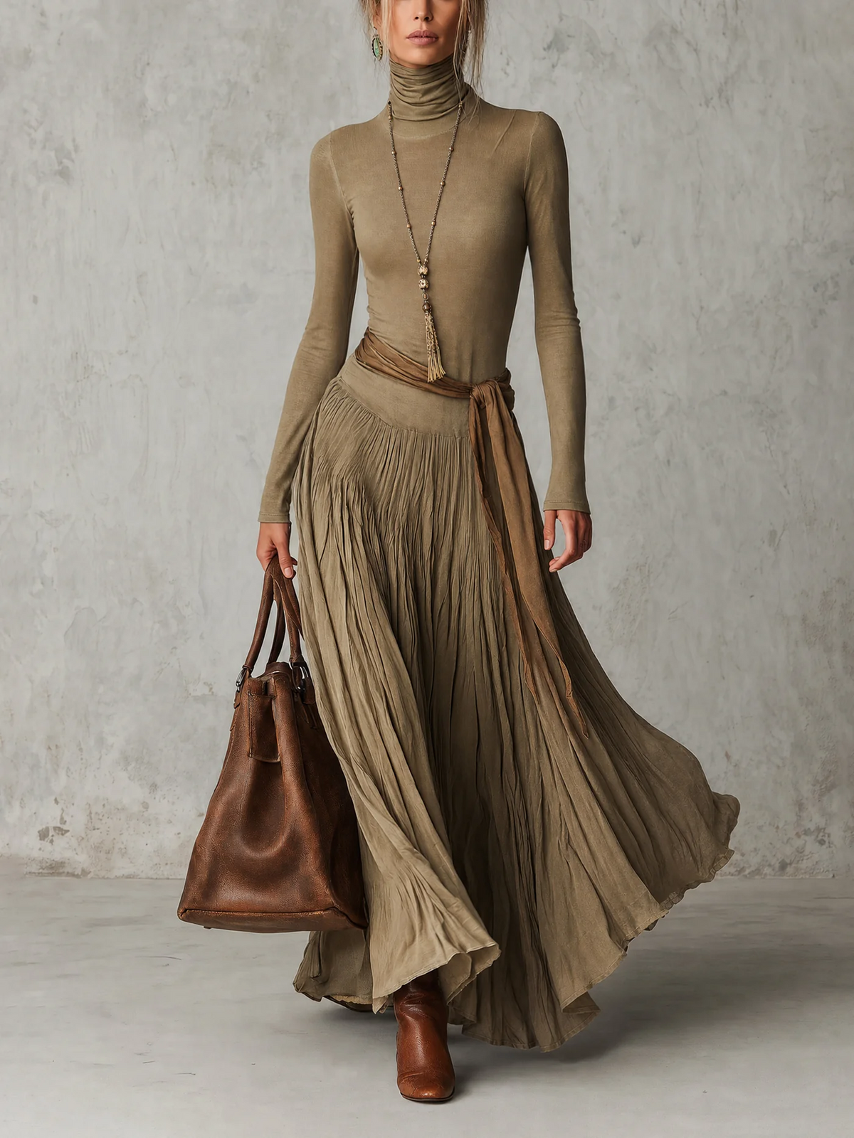 JÚLIA | Sophisticated High Neck Long Sleeve Pleated Maxi Dress with Waist Tie