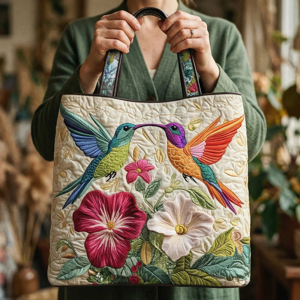 Floral Quilted Hummingbird and White Flowers Bag – Two Sizes