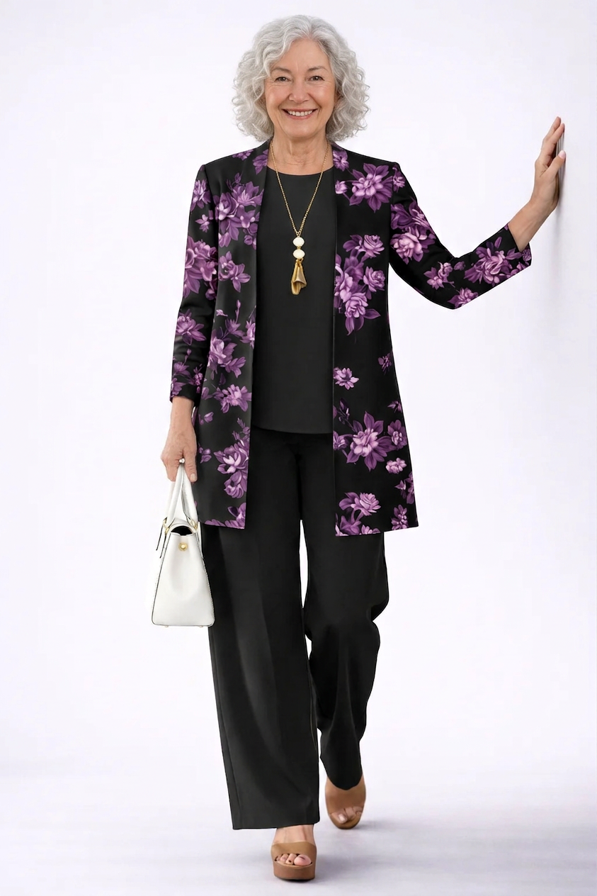 Helen three-piece co-ord set in purple and black