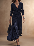 LOREDANA | V-Neck Asymmetrical Maxi Dress Featuring Navy Panels