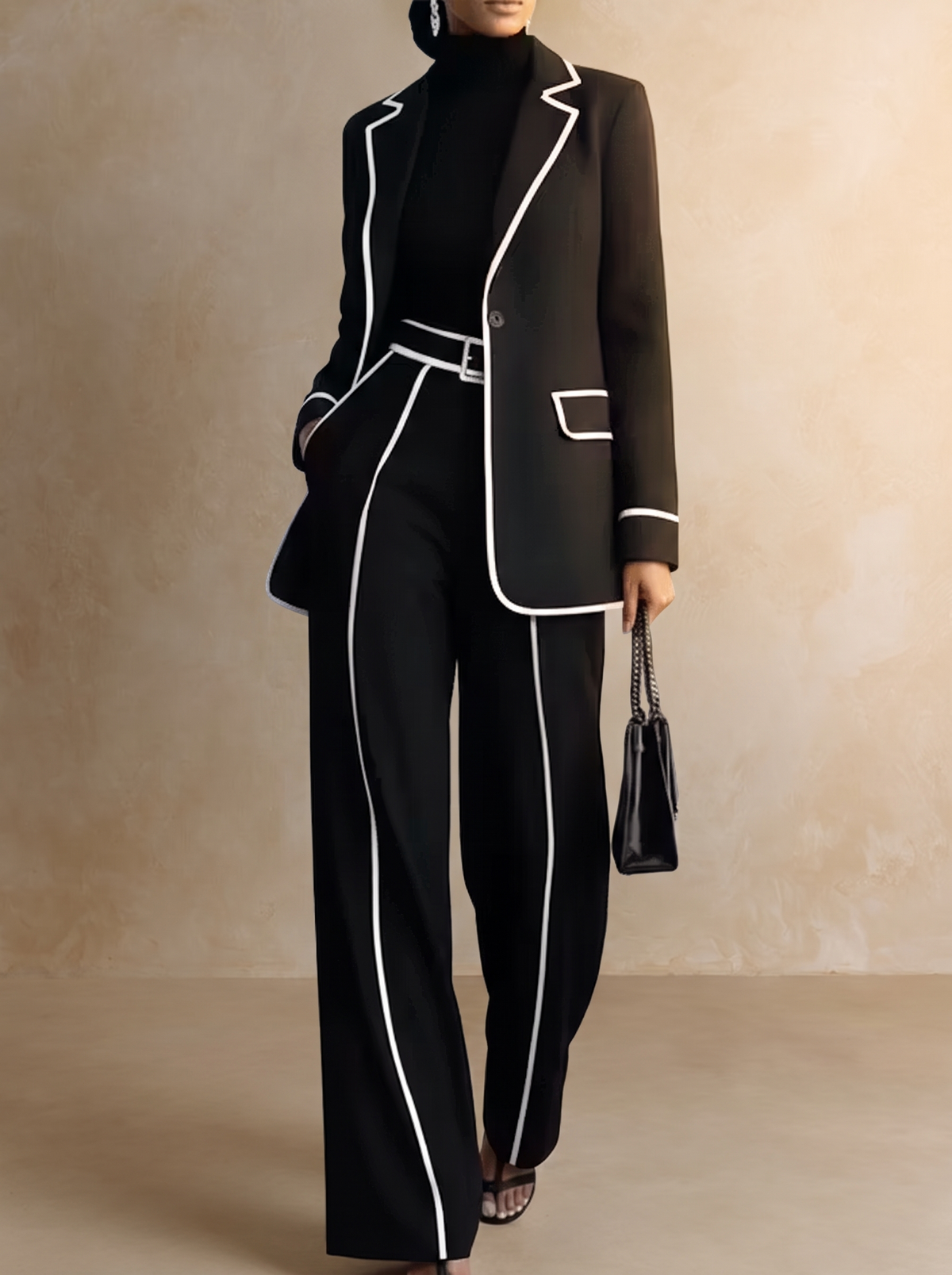 CLAUDIA | Black Two-Piece Blazer Set Featuring White Contrast Trim and Wide-Leg Pants