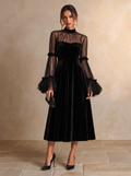 STEFANIA | Black Midi Dress Featuring Sheer Accents