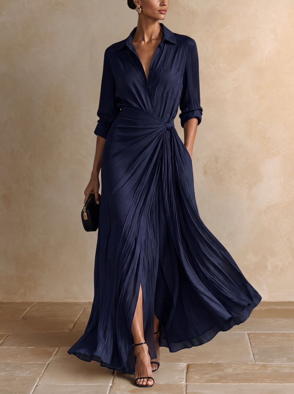 GABRIELLA | Chic Navy Blue Maxi Shirt Dress with Belt