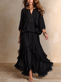 ELVIRA | Black V-Neck Top with Fringes and Layered Ruffle Skirt Set
