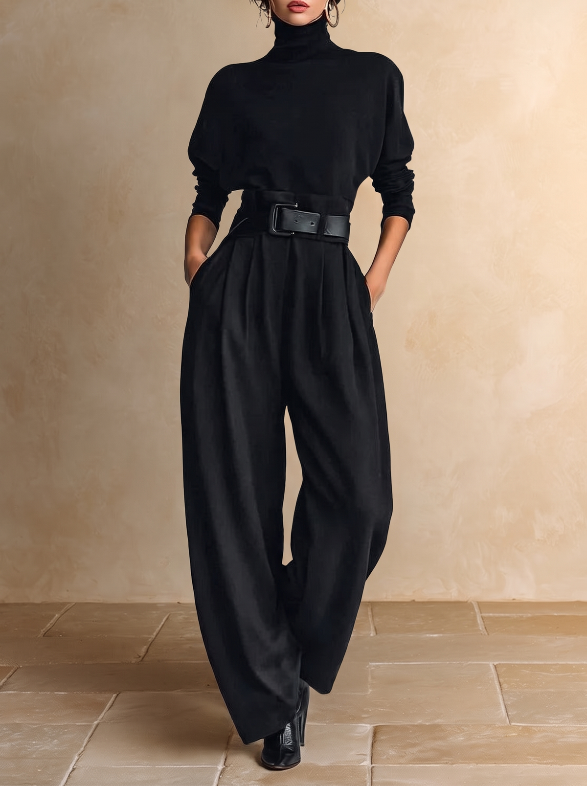 GINEVRA | Black High Neck Top with Straight-Leg Trousers