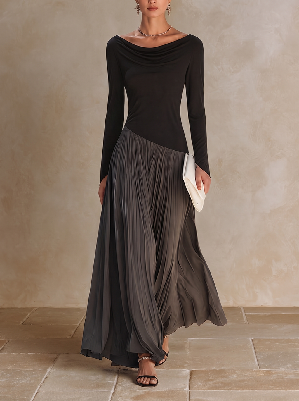 MARINA | Black & Grey Two-Tone Draped Neck Pleated Maxi Dress