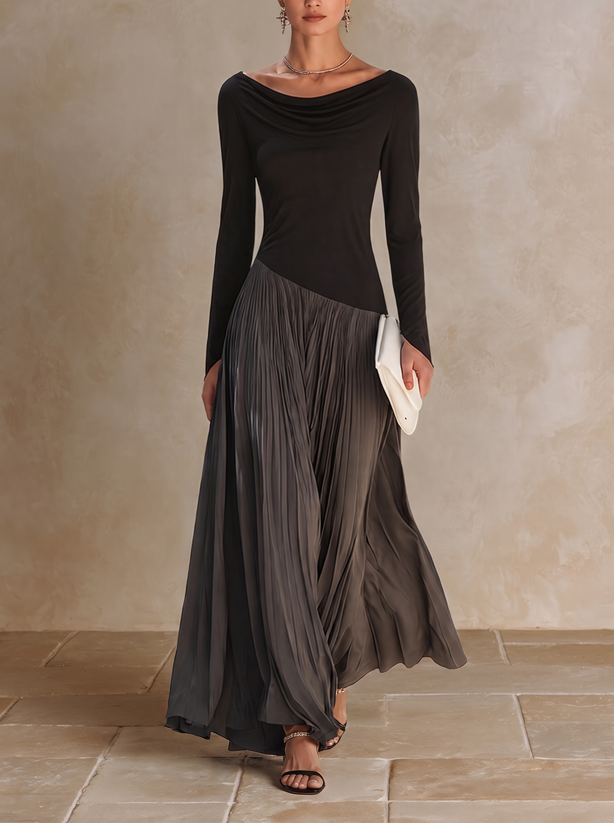 MARINA | Black & Grey Two-Tone Draped Neck Pleated Maxi Dress