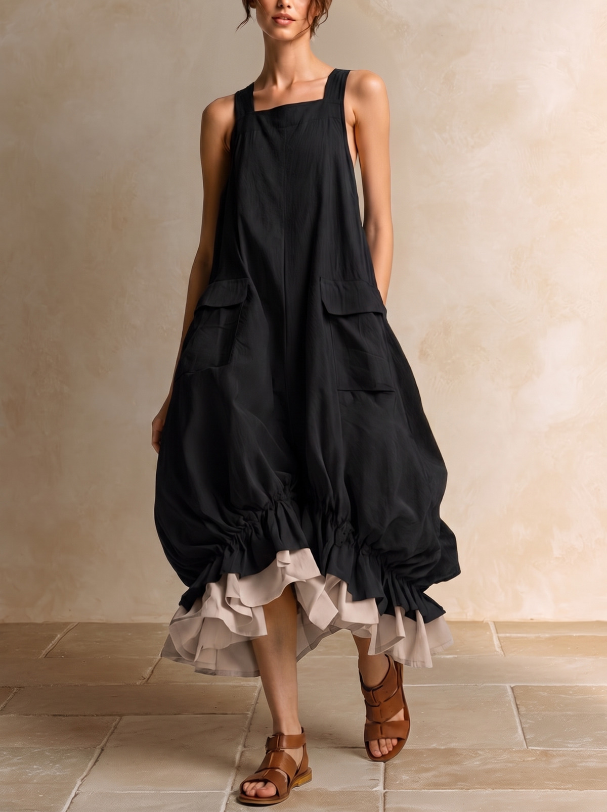 DANIELA | Sleeveless Midi Balloon Dress Featuring Spacious Pockets, Layered Design, and Ruffled Hem