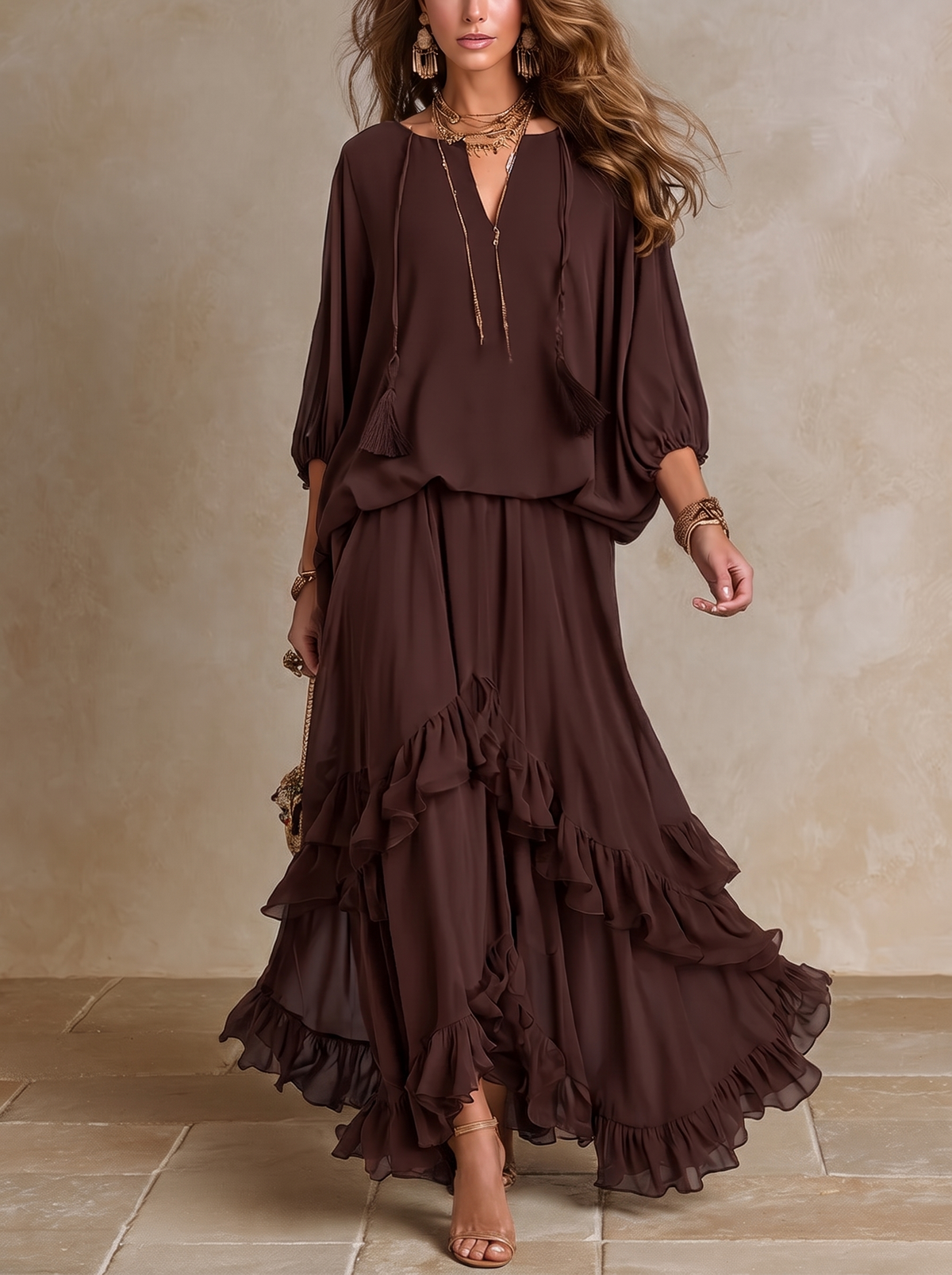 MANUELA | Brown V-Neck Top with Fringes Paired with a Layered Ruffled Skirt