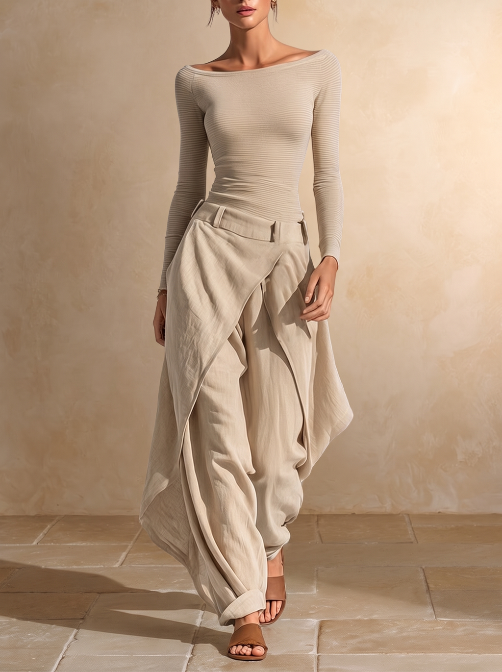 GIULIANA | Beige Boat Neck Top with Layered Wide-Leg Trousers Set