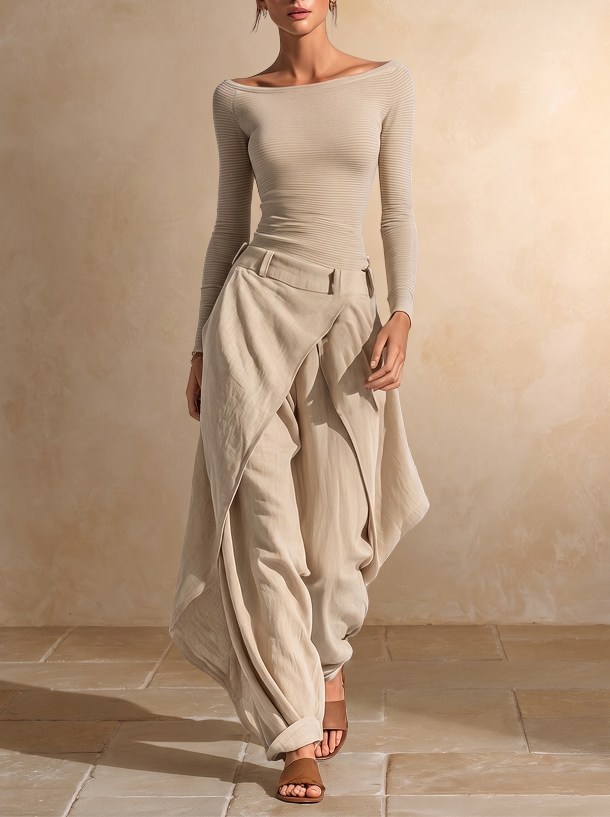 GIULIANA | Beige Boat Neck Top with Layered Wide-Leg Trousers Set