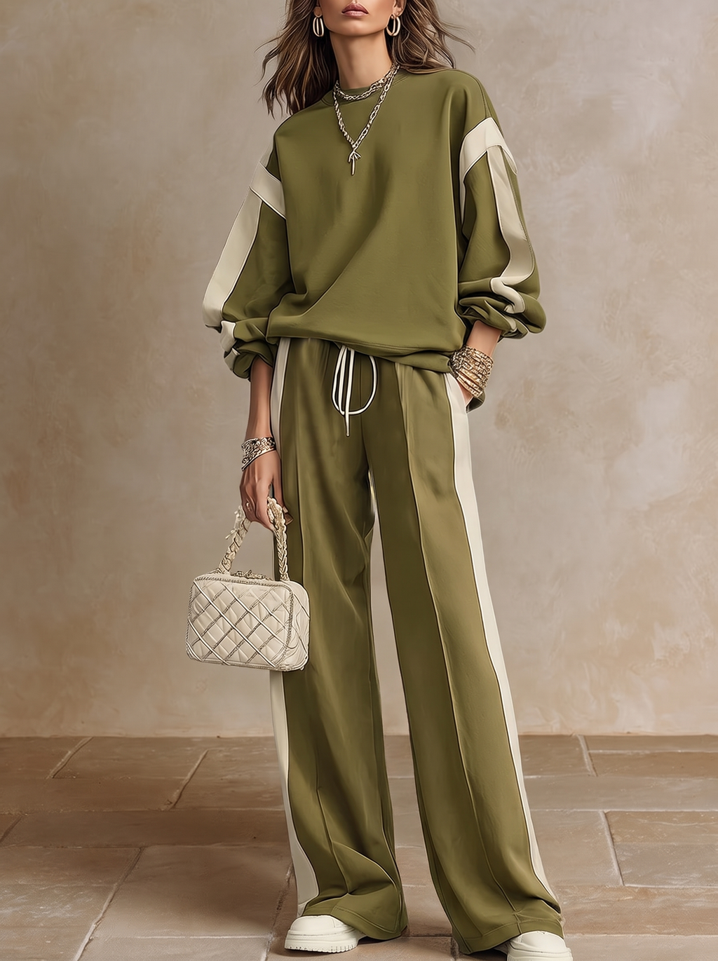 SONIA | Olive Green Casual Sweatshirt with Round Neck & Drawstring Wide Trousers
