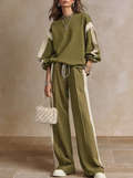 SONIA | Olive Green Casual Sweatshirt with Round Neck & Drawstring Wide Trousers