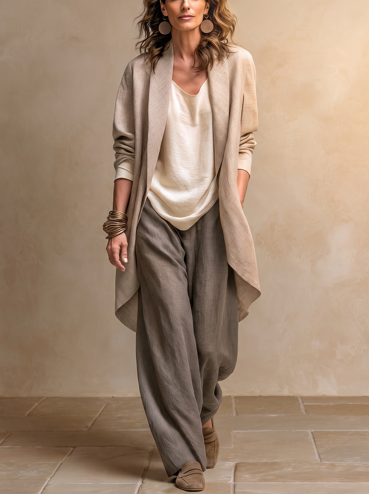 COSTANZA | Elegant Three-Piece Set in Beige and Grey with Casual Layered Style and Palazzo Trousers