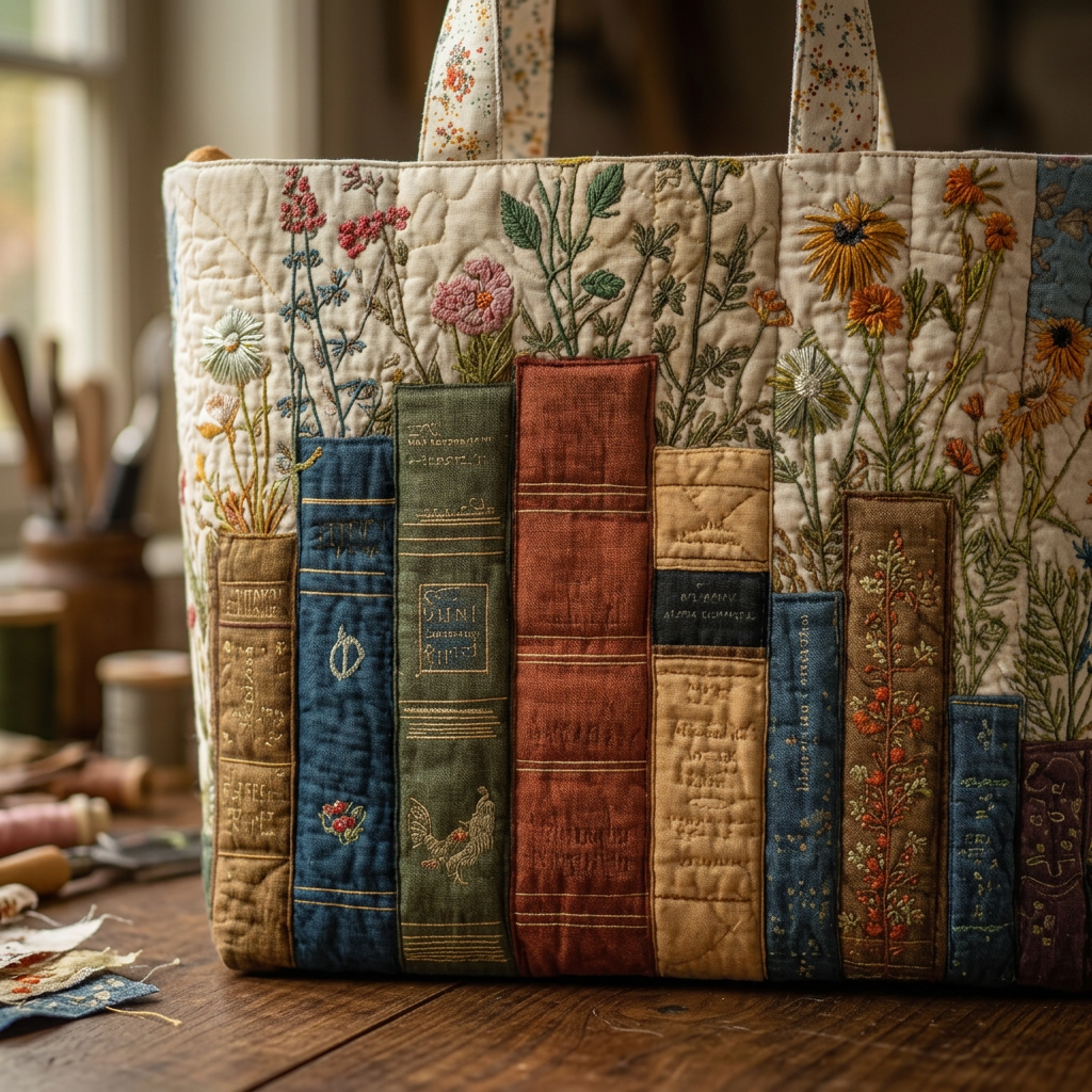 Quilted Books and Flowers Bag – For Book Lovers