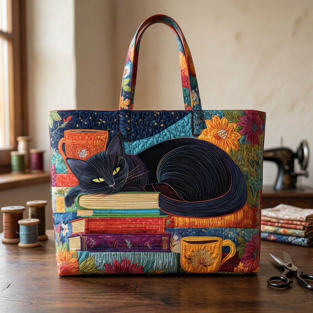 Women's Black Cat, Books and Mugs Bag – Two Sizes