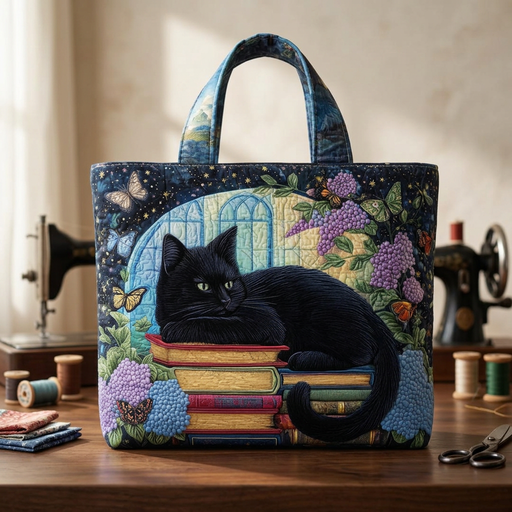 Handcrafted Black Cat on Books Bag – Gift Idea