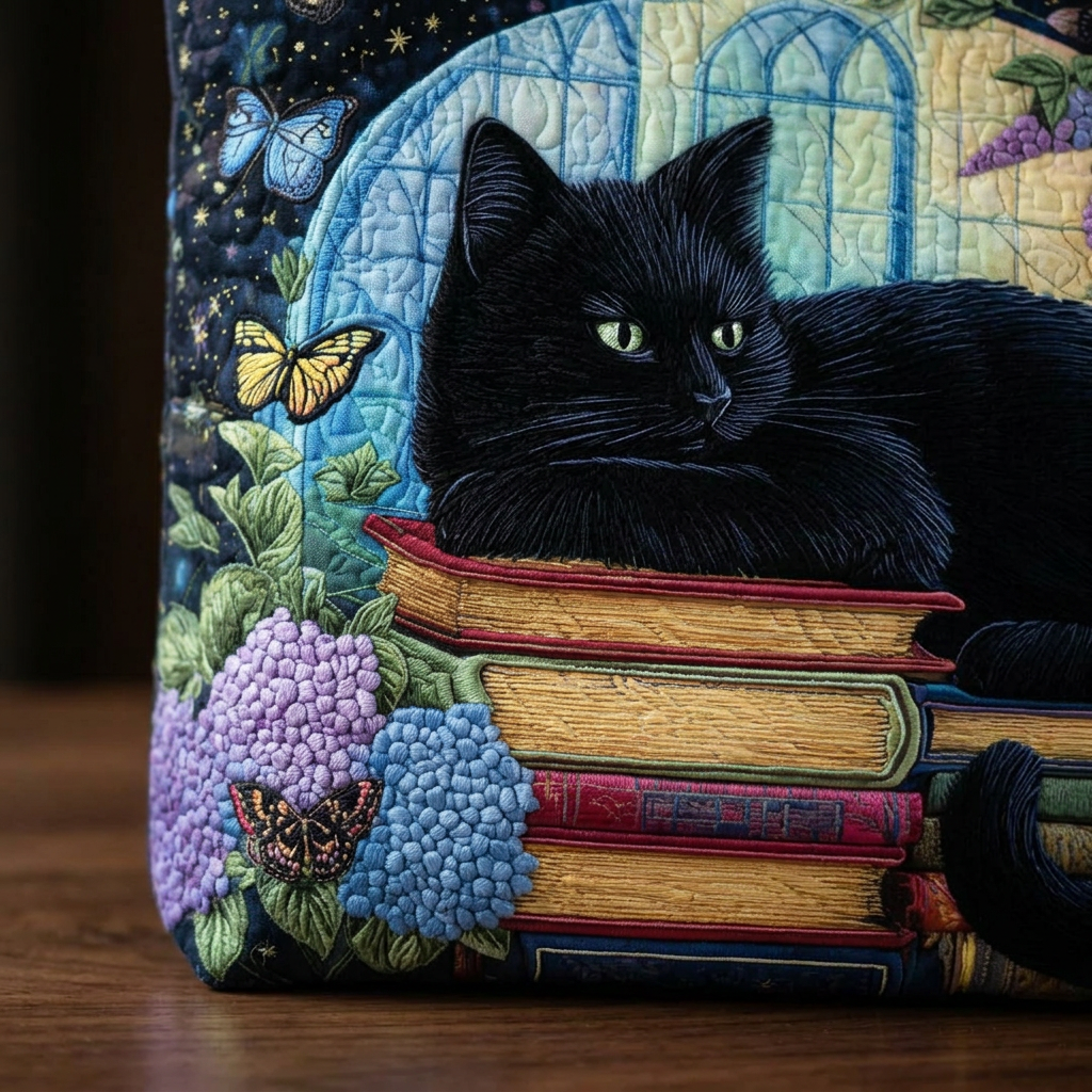 Handcrafted Black Cat on Books Bag – Gift Idea