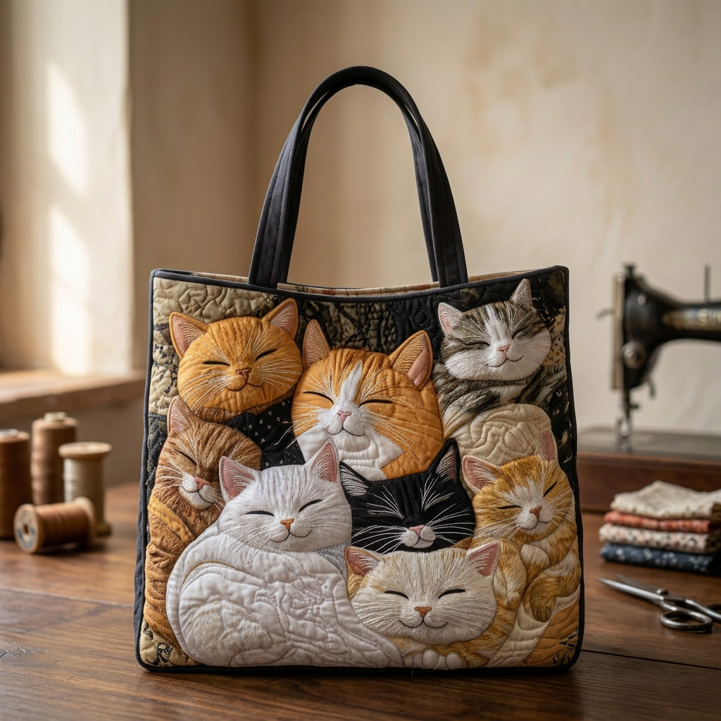 Quilted Sleeping Kittens Bag – Roomy and Lightweight